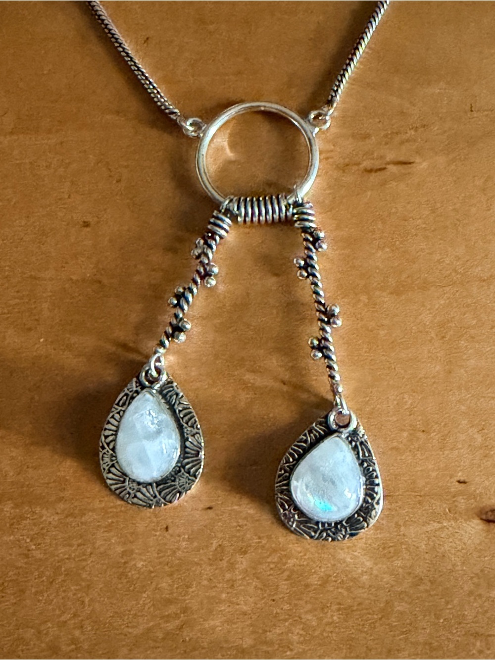 Unique Flashy Moonstone Teardrop Dangle Necklace - 925 Plated/Stamped